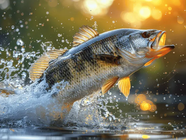 Largemouth bass leaping from lake water at golden hour with bright splash droplets
