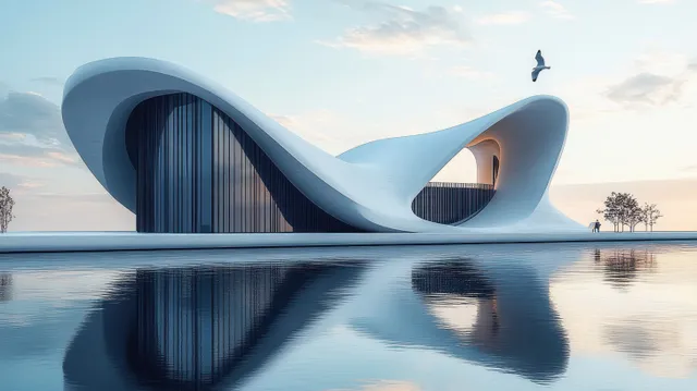 Futuristic white building with smooth curves reflected in calm lake as a bird flies and two people stand near trees.