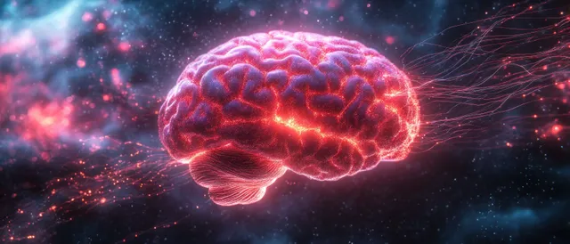 Neon holographic brain emits streaming pink and purple particles across a cosmic background.
