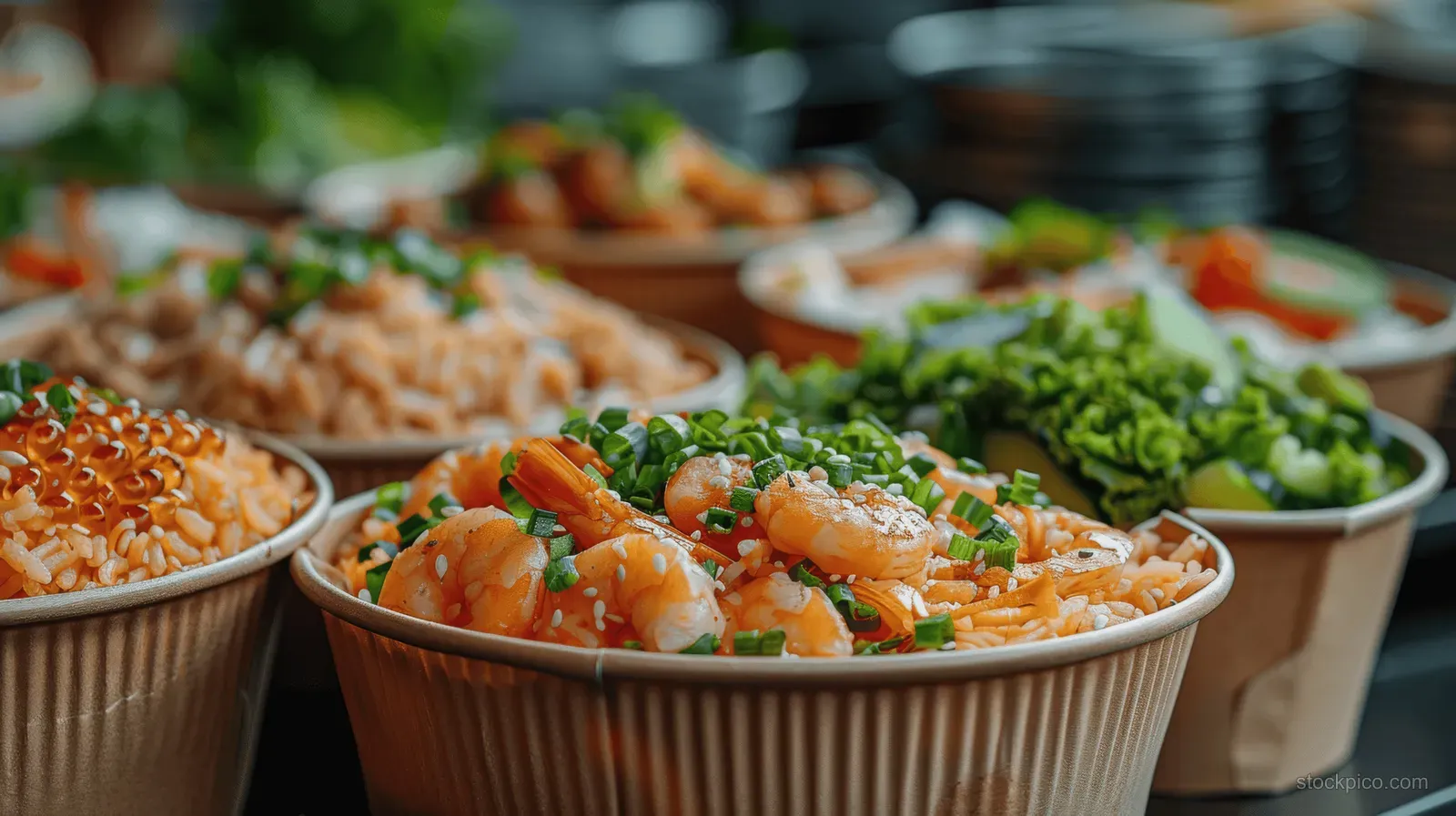 Eco-friendly paper takeout bowls of organic noodles with sesame and chopped herbs on a restaurant counter.