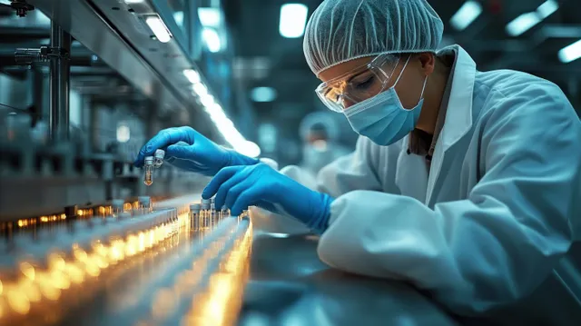 Scientist in blue gloves pipettes samples beside small glass bottles in a laboratory workspace.