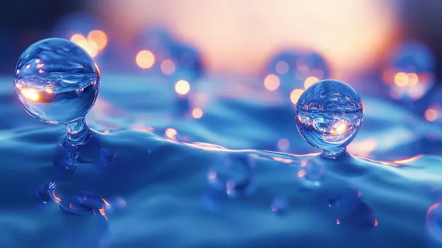 Two glowing water droplets hover over a blue liquid surface with soft bokeh light reflections.