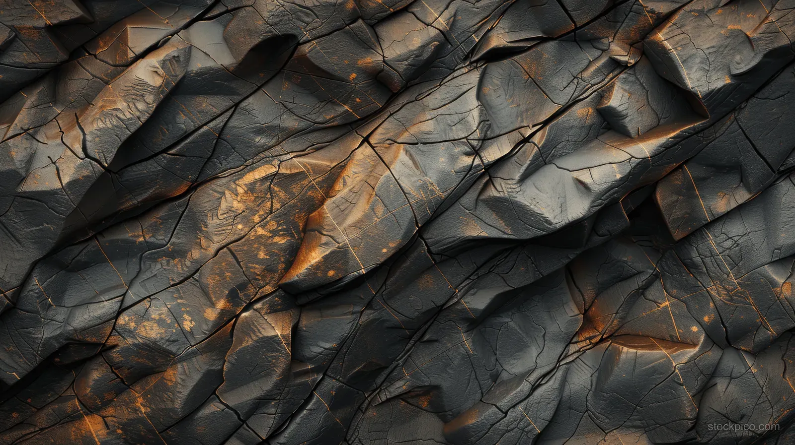 Top view of a granite rock surface with sharp ridges, brown veins, and directional lighting across the texture.