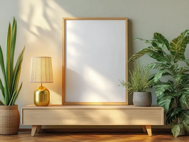 An empty vertical frame mockup on a wooden console with a brass lamp and potted plants in a green Scandinavian room.