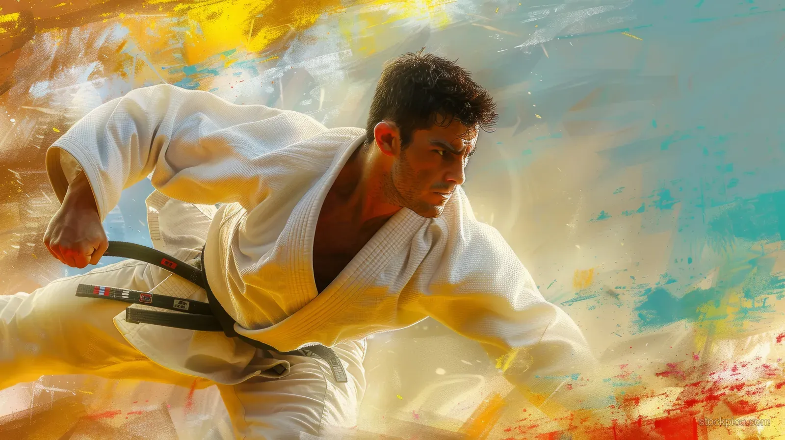 A Spanish judoka in a white gi grips during a 73 kg judo throw with colorful motion blur.