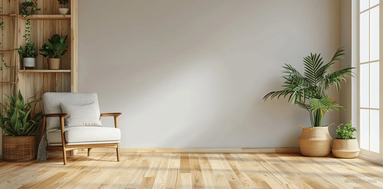 Minimal living room interior with off-white armchair, wooden shelves with plants, and bright window light.