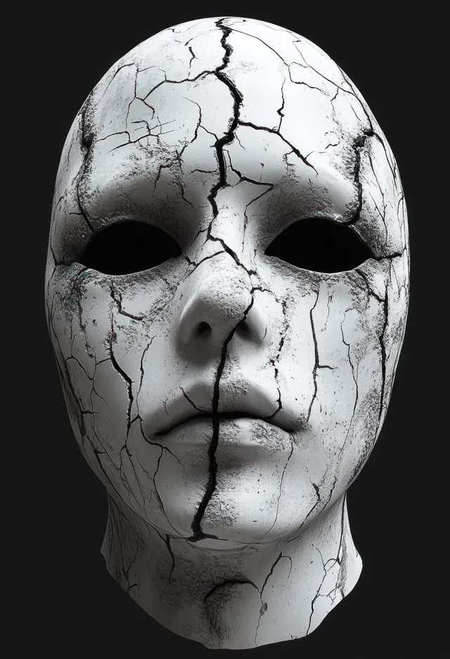 A white face mask with deep black cracks and empty eye sockets isolated on a black background.
