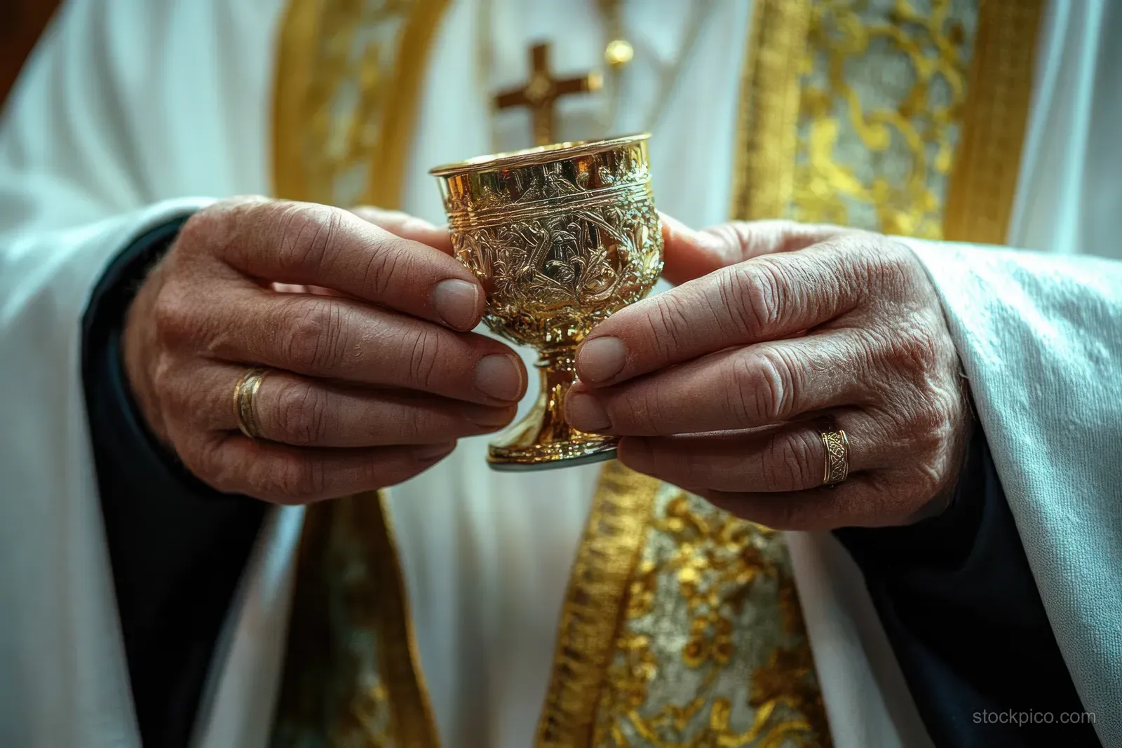Priest hands hold an ornate golden chalice while a cross and church robe details blur behind.