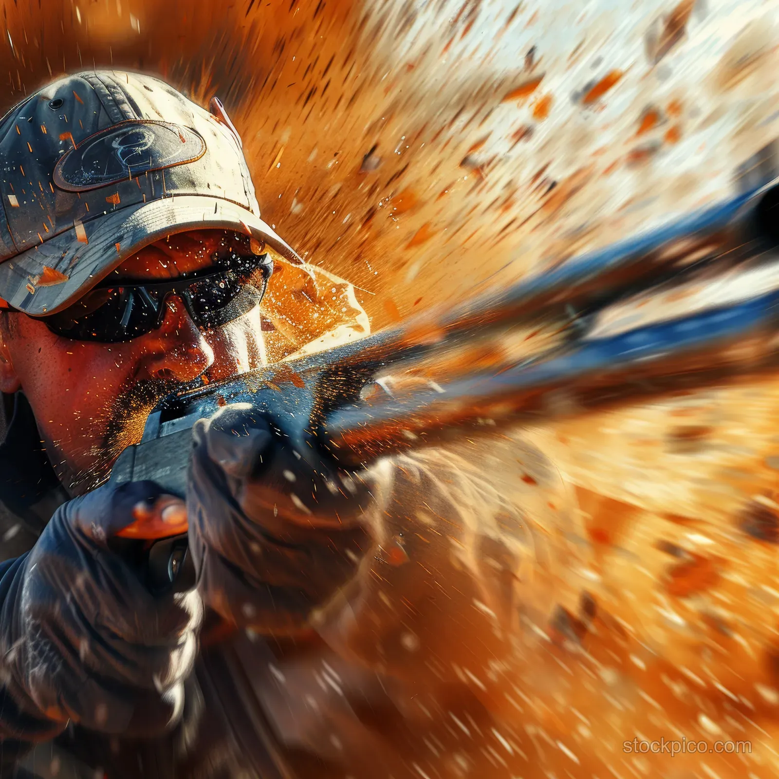 Shotgun trap shooter aiming forward on an outdoor range with explosive sparks and dust from firing.