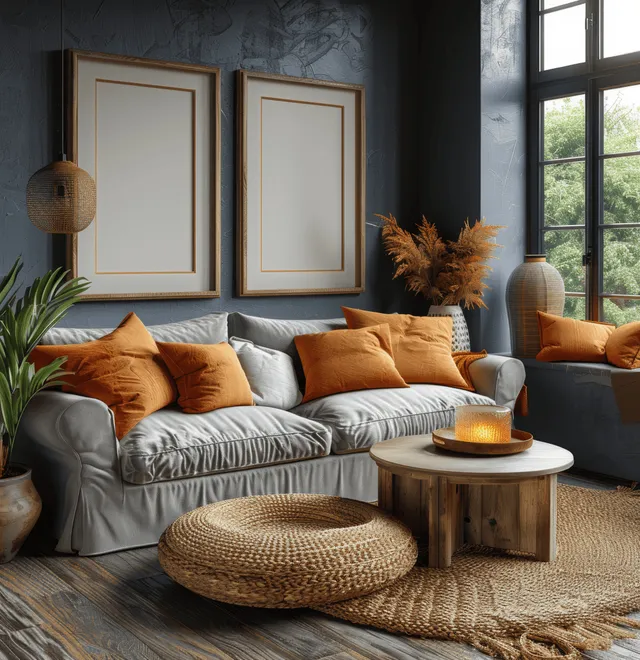 Dark gray living room with a sofa, blank poster frames on the wall, and warm sunlight from tall windows.