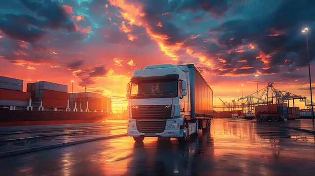 A delivery truck parked by a container ship at sunset with colorful reflections on the wet harbor dock.