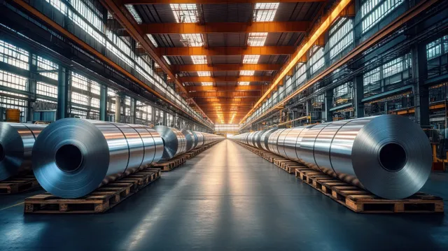Steel coil rolls sit on wooden pallets in a wide warehouse aisle under overhead lights and tall windows.