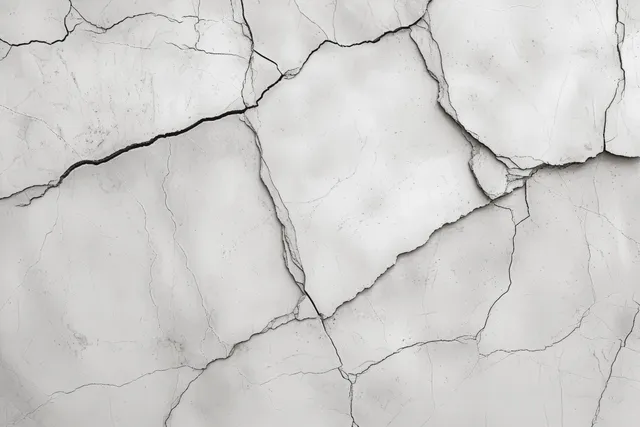 Closeup of a white marble surface with grey cracked veins and rough stone texture.