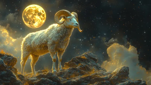 A ram with detailed fur stands on rocky ground under a bright full moon amid starry clouds.