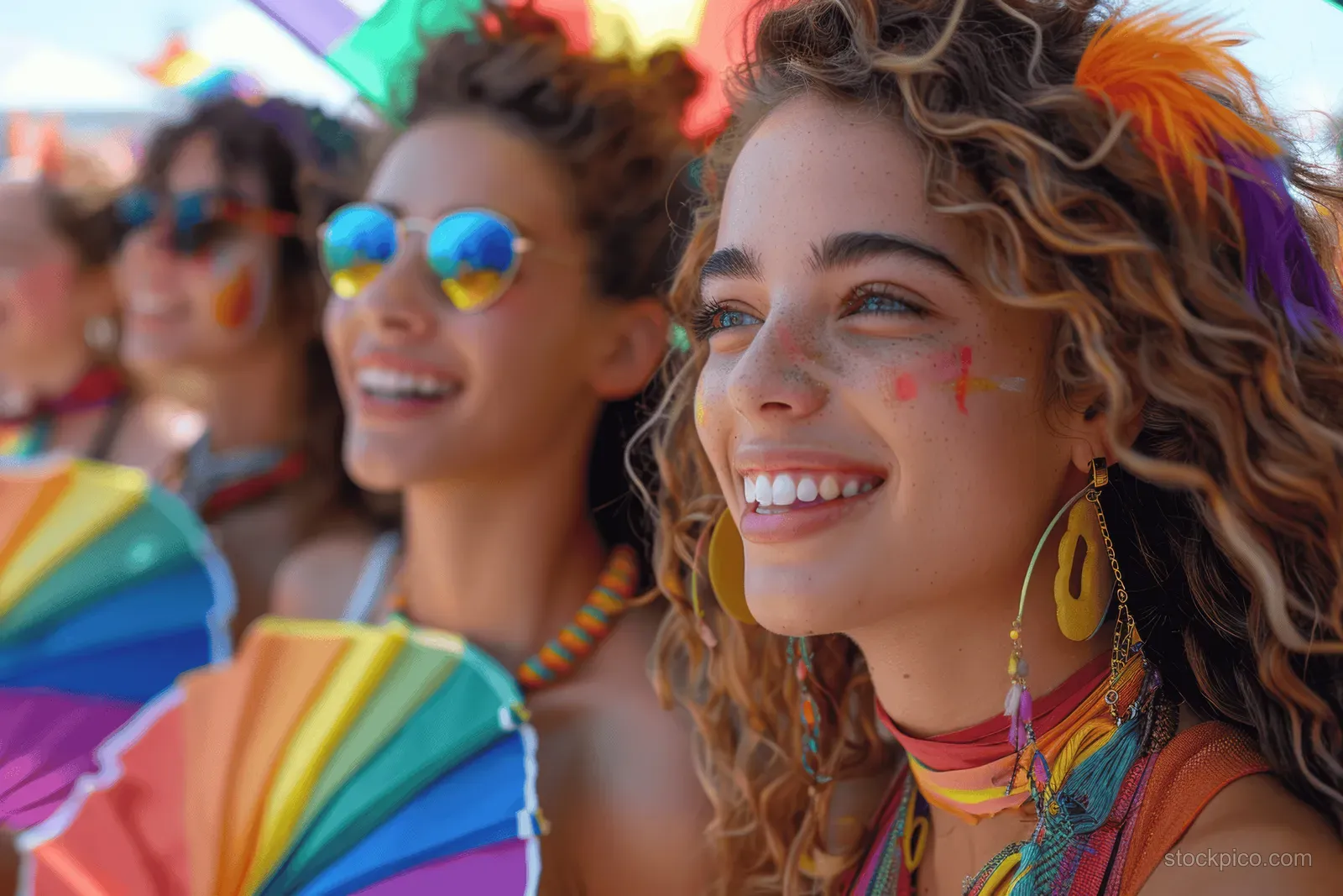 Diverse youth celebrate Pride outdoors, waving rainbow flags and holding colorful fans under bright sunlight.