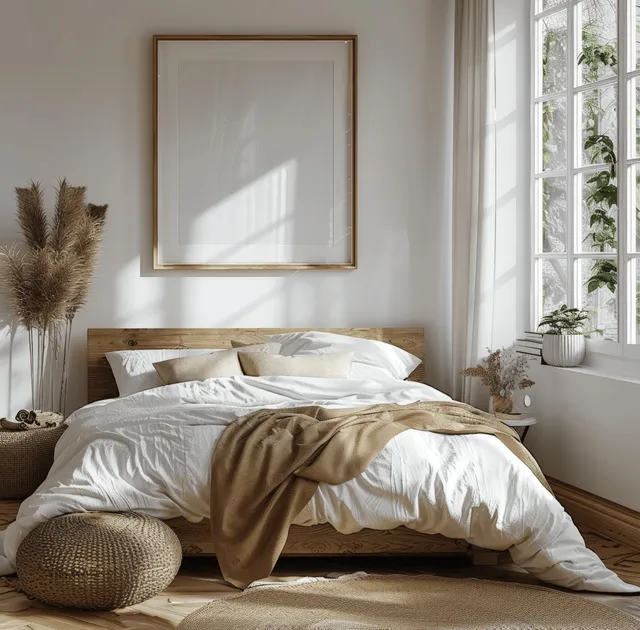 Sunlit coastal bedroom with a wooden bed, beige bedding, and a blank framed poster on the wall.