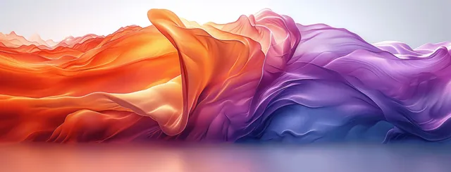 Purple, pink, and orange wave ribbon flows across a soft, blurred light background.