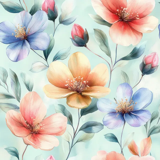Pastel watercolor flowers and leaves seamless pattern, botanical illustration for wallpaper