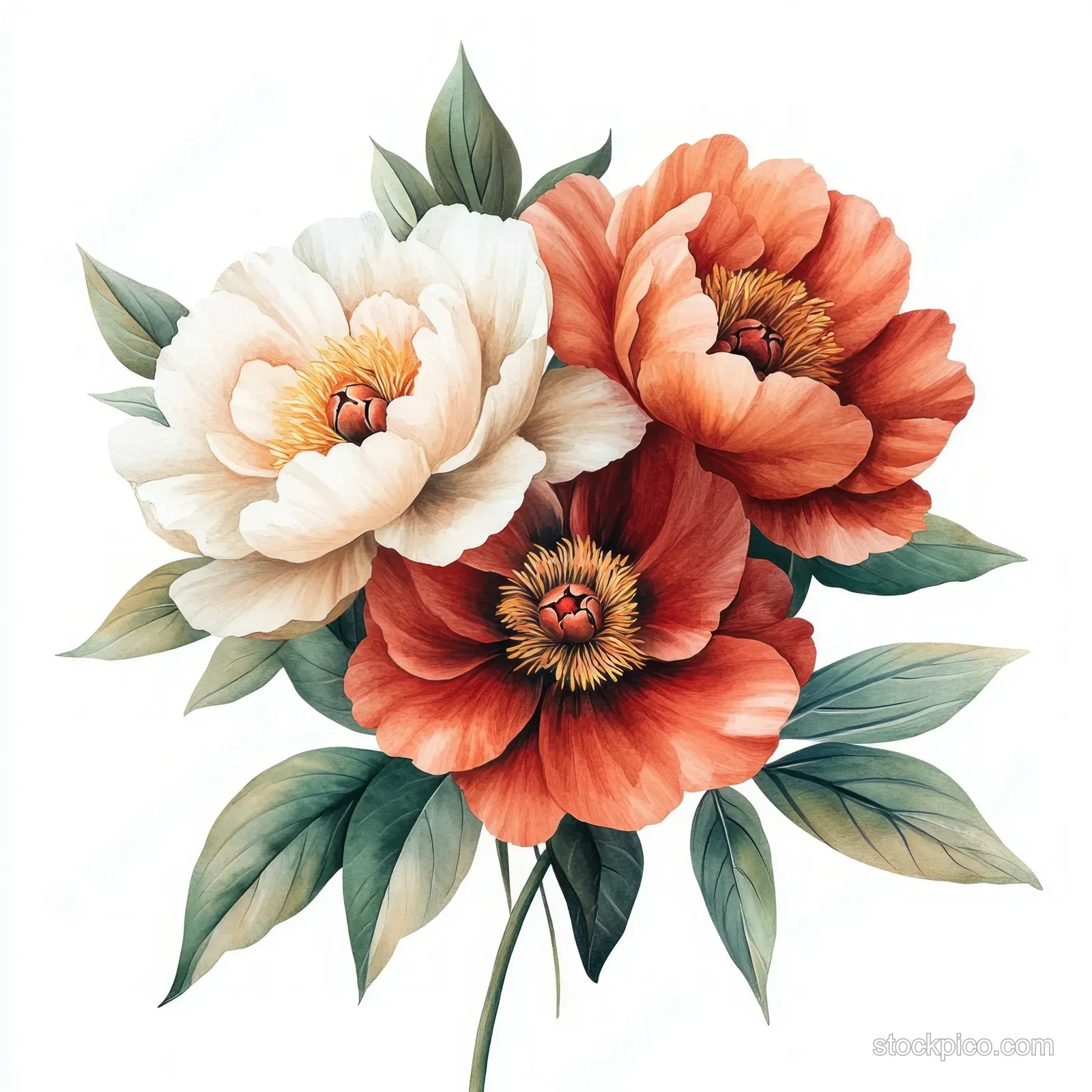 Watercolor bouquet of peach and red peonies with green leaves and layered petals on a light background.