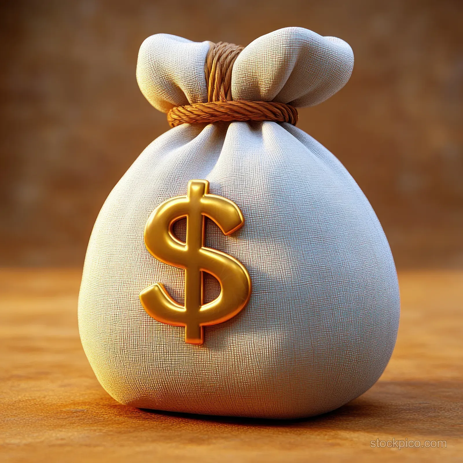A white cloth money bag tied with brown rope shows a large golden dollar sign on a warm wooden background.