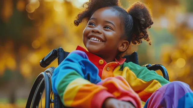 Joyful young girl in wheelchair waving rainbow pride colors outdoors in warm sunlight
