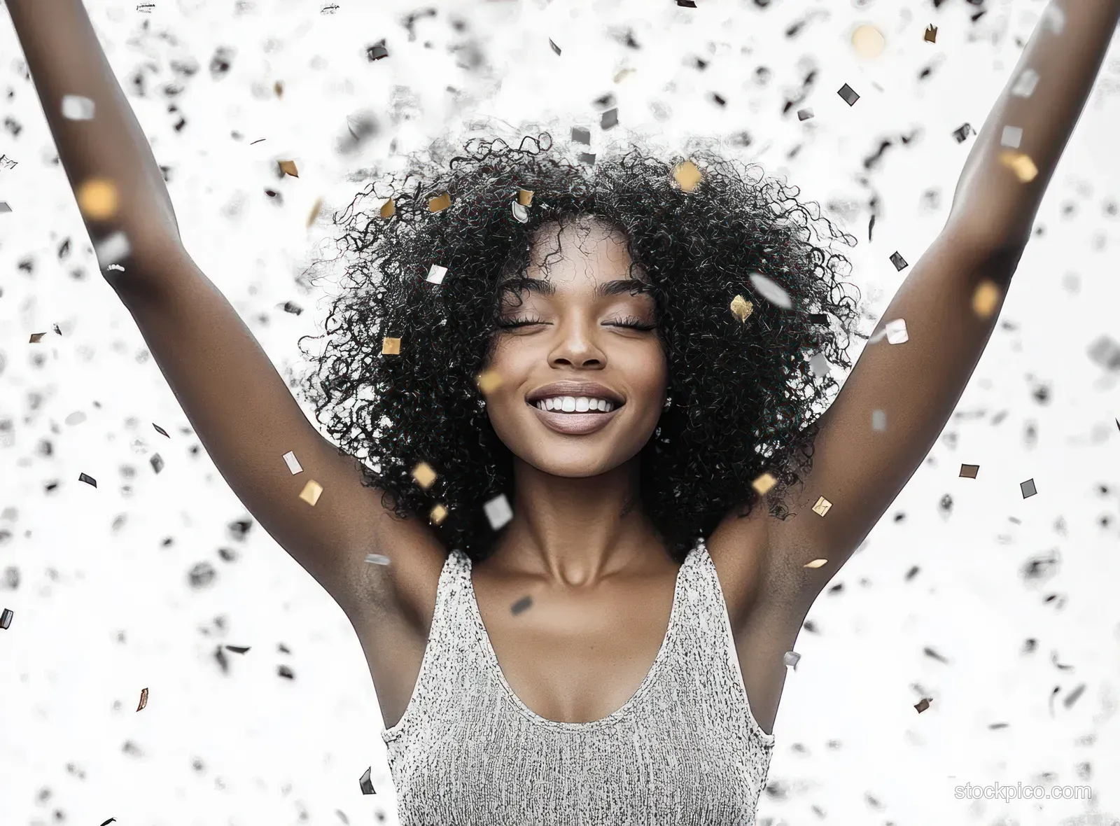 Smiling young woman with curly hair raises her arms while confetti falls in front of a white background.