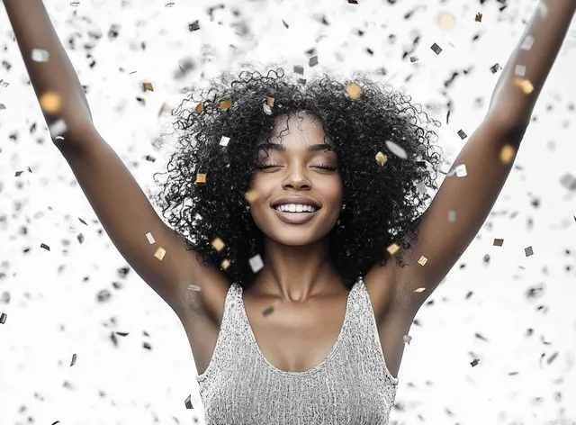 Smiling young woman with curly hair raises her arms while confetti falls in front of a white background.