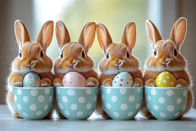 Four fluffy brown rabbits sit side by side in blue polka dot cups, each holding a decorated Easter egg.
