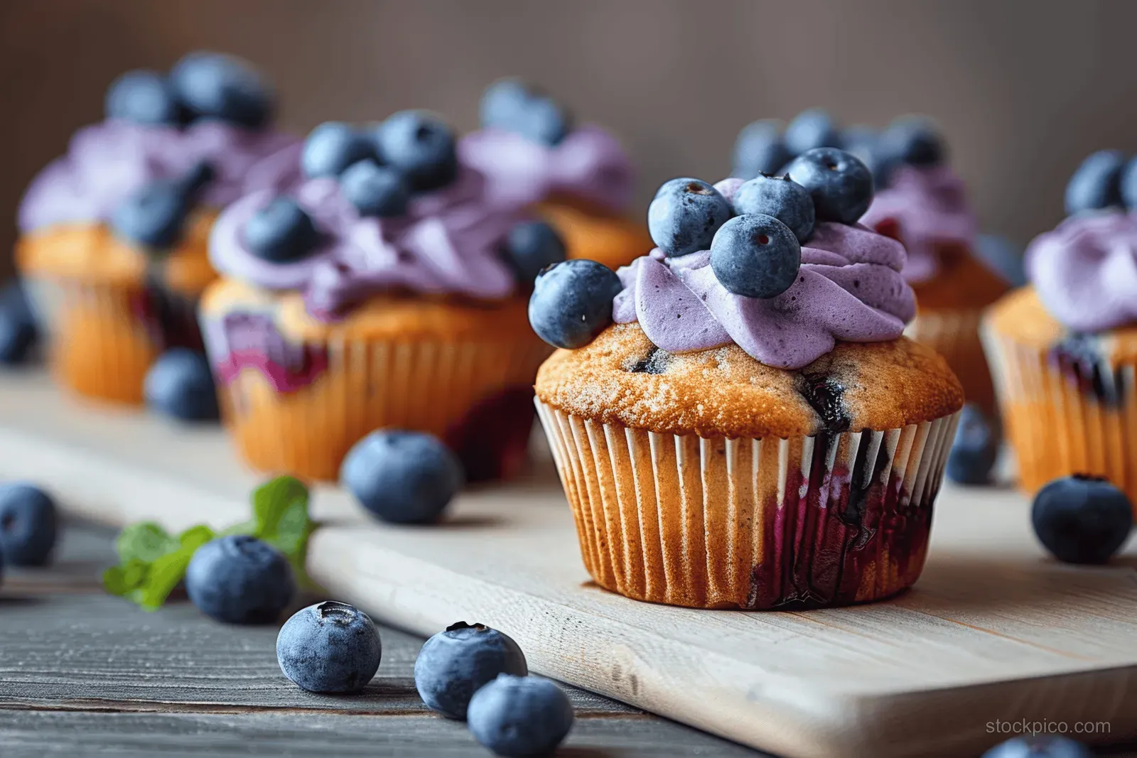 Blueberry muffins sit on a wooden board with scattered fresh blueberries in side view light background.
