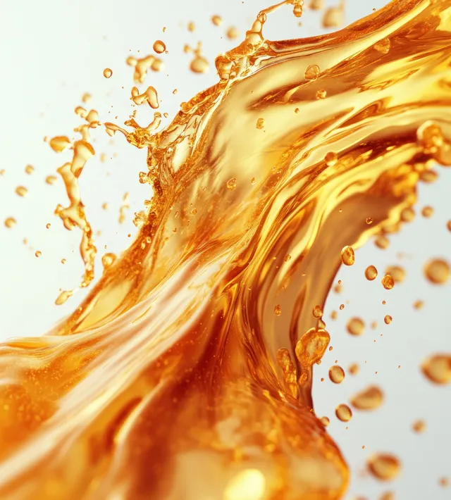 Cut fish oil capsule releasing golden omega droplets and splashes on a white background.