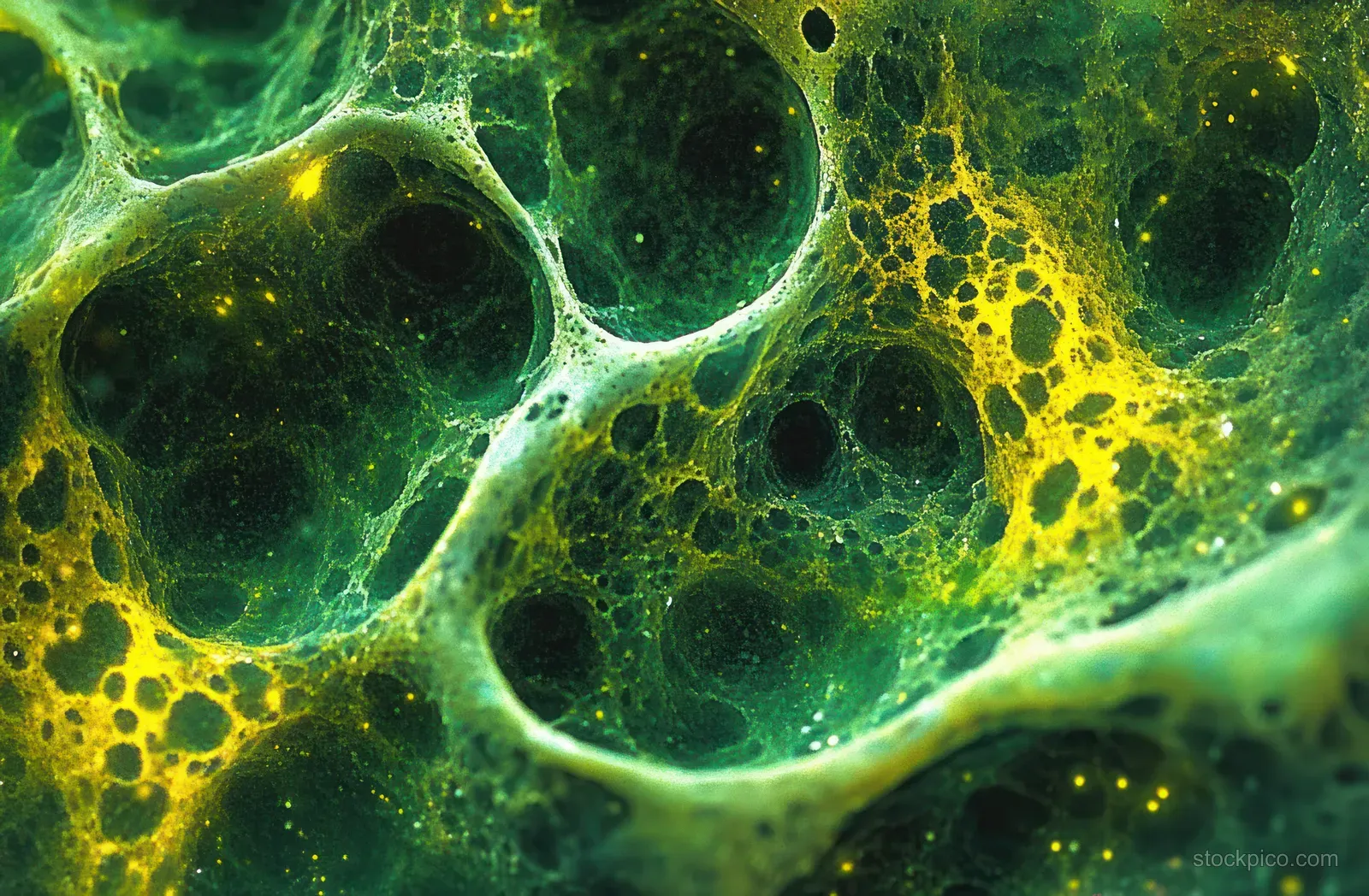 Porous green and yellow cellular surface with bubble-like cavities and glowing specks under soft lighting.