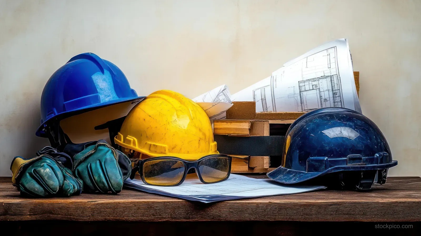 Three construction helmets, safety glasses, and gloves sit on a wooden table with architectural blueprints.