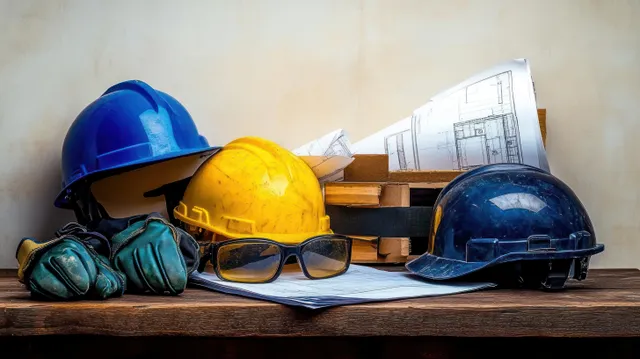 Three construction helmets, safety glasses, and gloves sit on a wooden table with architectural blueprints.