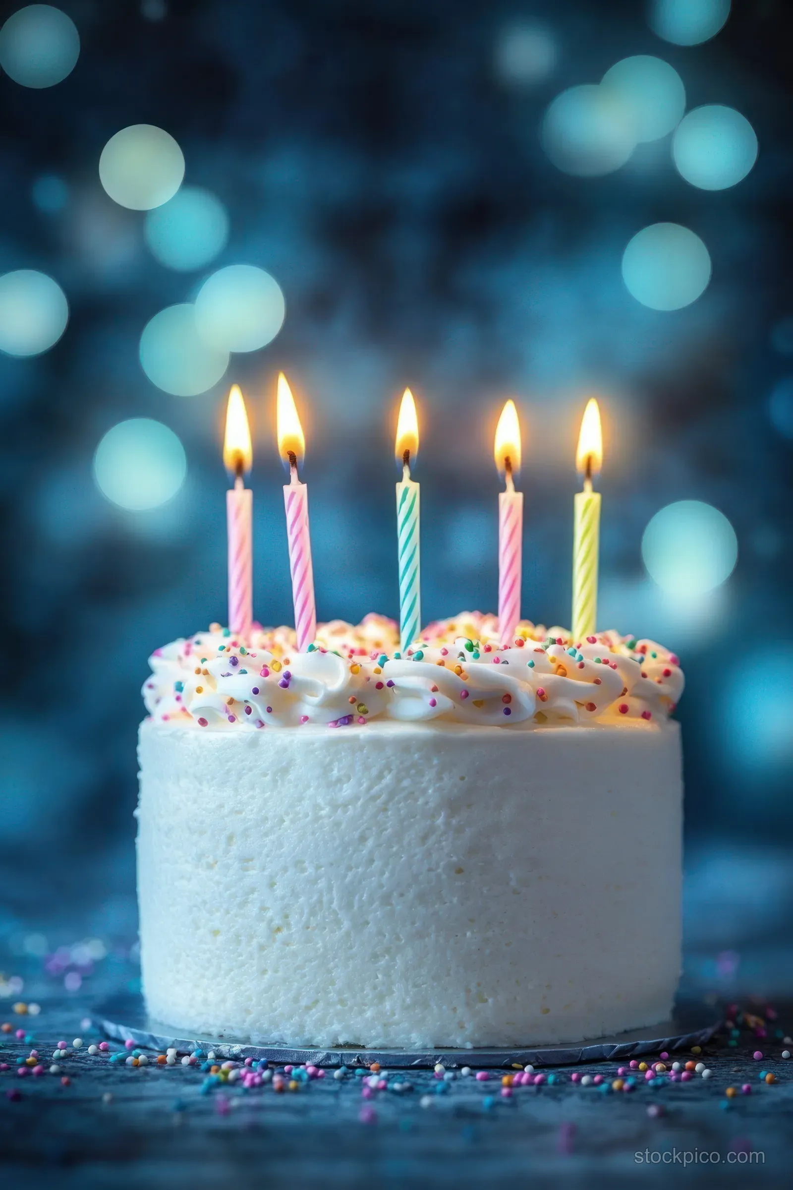 White frosted birthday cake with colorful sprinkles and five lit striped candles against a dark blue bokeh background.