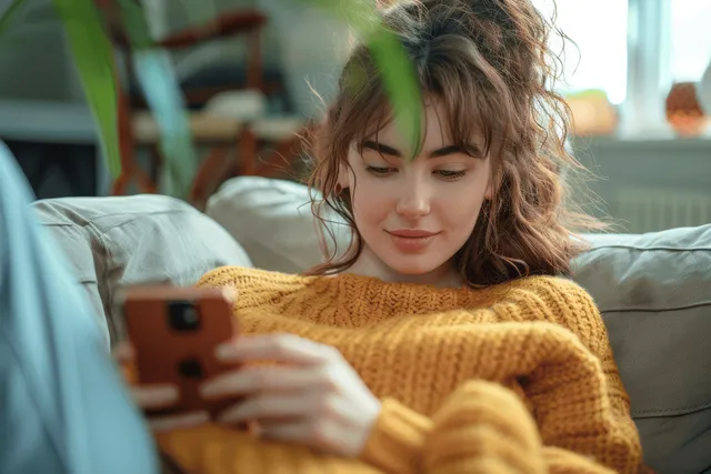 Smiling young woman lounges on a living room sofa while looking at a smartphone screen.