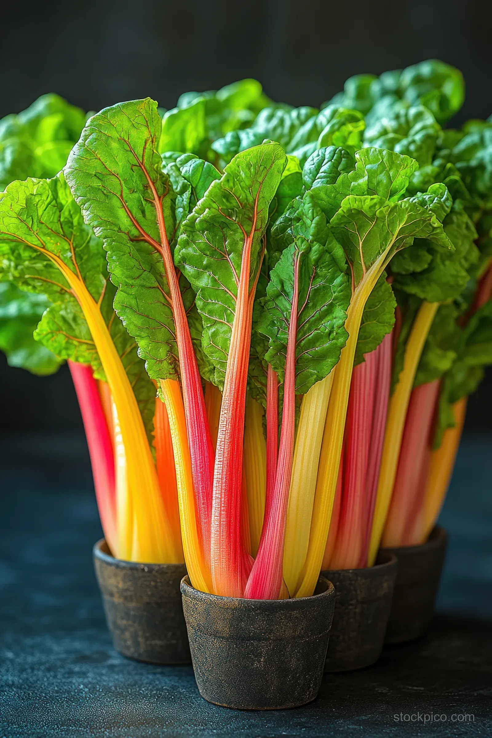 Golden chard stems with green leaves in small pots under sunlight on a dark tabletop.