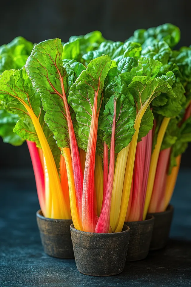 Golden chard stems with green leaves in small pots under sunlight on a dark tabletop.