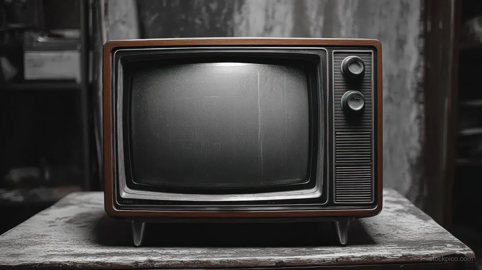 A vintage CRT television with tuning knobs sits on a worn wooden table in a dimly lit room.