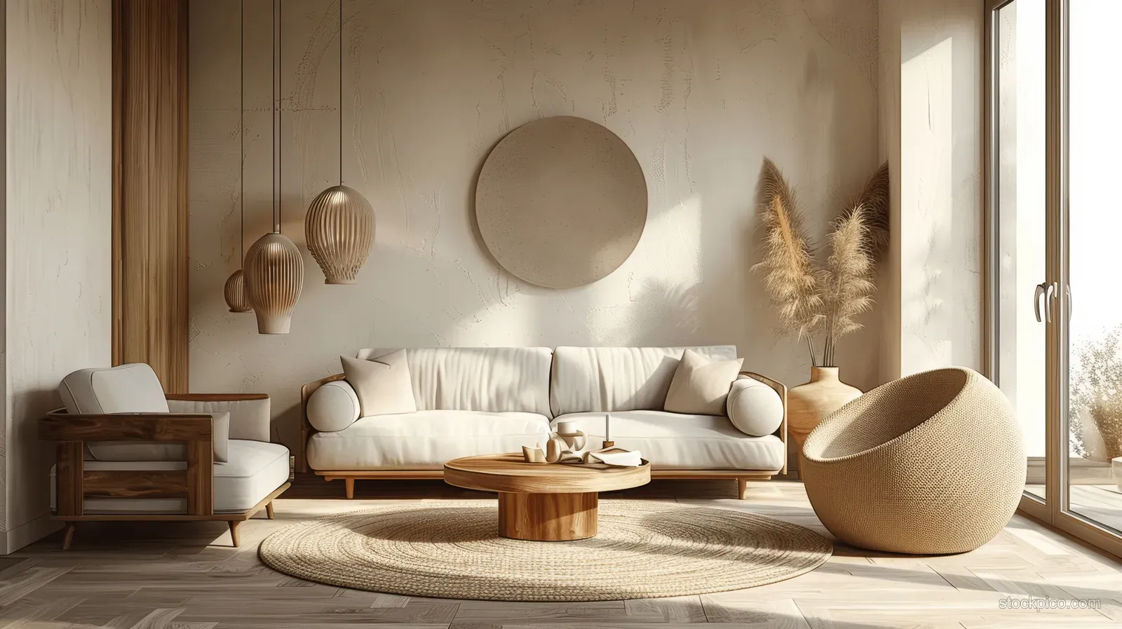 Light beige sofa and rattan chair in a sunlit Japandi living room with wooden furniture and a large window.