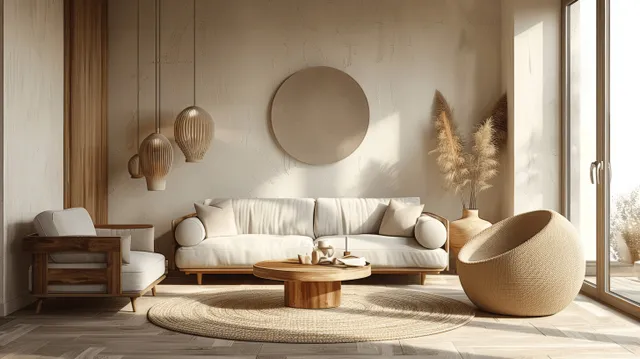 Light beige sofa and rattan chair in a sunlit Japandi living room with wooden furniture and a large window.