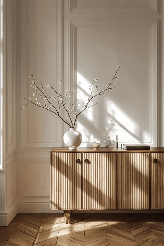 Sunlit wooden sideboard in minimalist living room with vase and soft striped shadows
