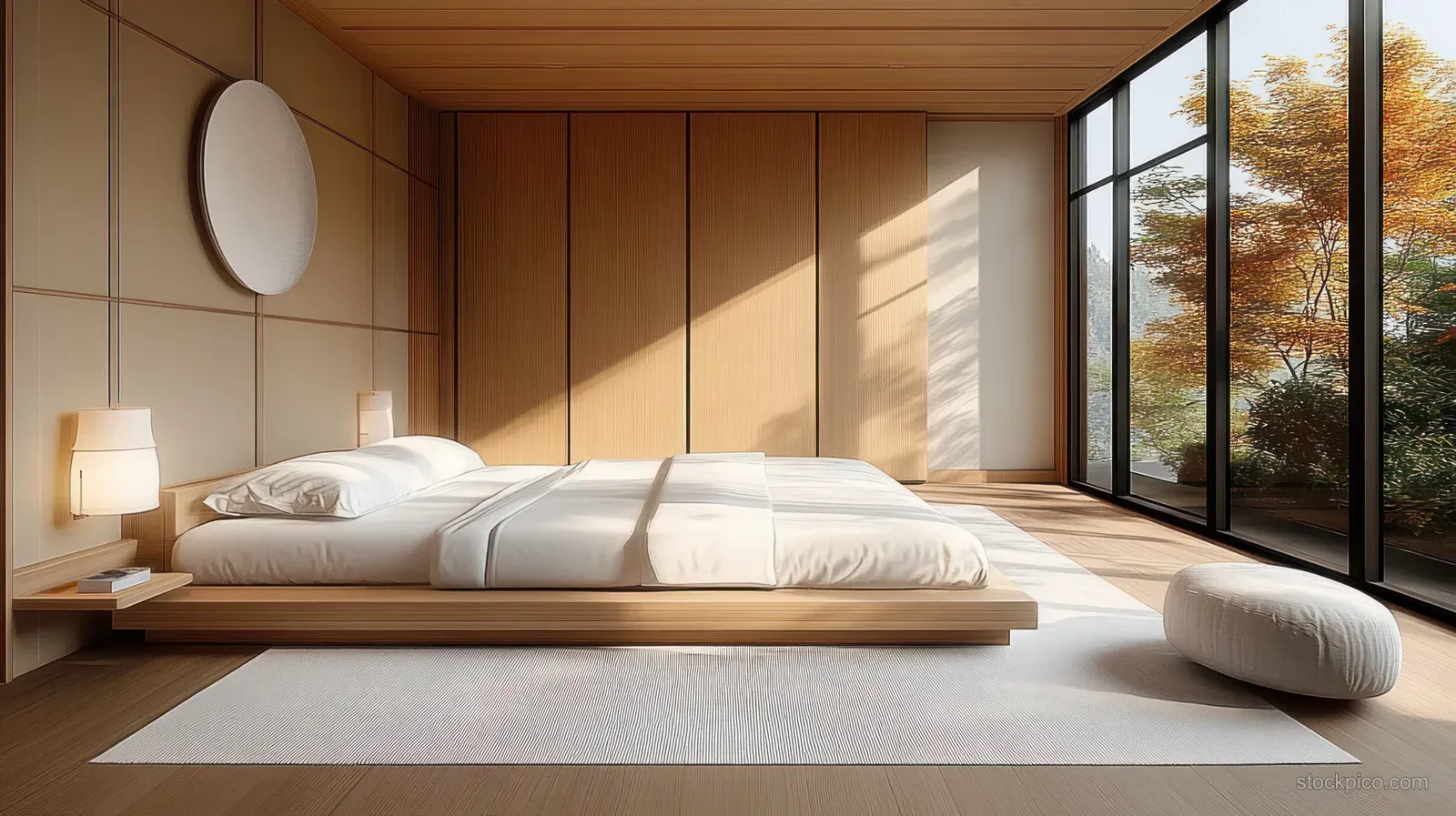 Minimalist bedroom with a low platform bed, white bedding, round wall mirror, pendant lights, and autumn trees seen through large windows.