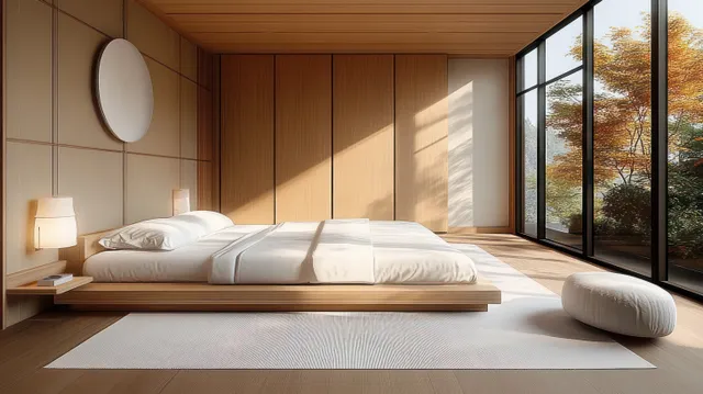 Minimalist bedroom interior with low platform bed, pendant lights, and floor-to-ceiling autumn view