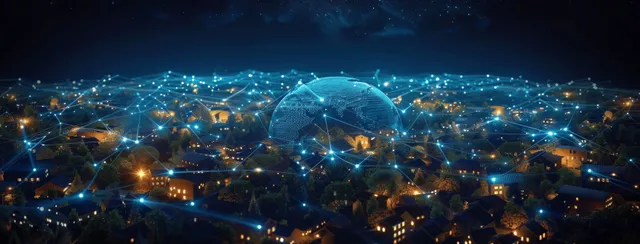 Night aerial city with glowing street-to-street connection lines around a translucent Earth globe in the sky.