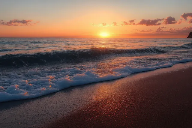 Sunset waves wash over wet sand under a glowing golden horizon and orange-tinted sky.