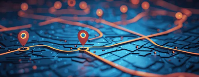 Glowing GPS location pins connected by route lines overlay a blue city grid map on a smartphone-like screen.