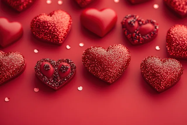 Top view of red glitter heart candies and small heart pieces arranged on a solid red background.