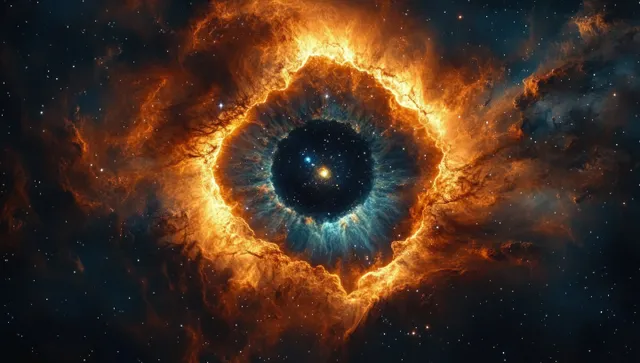 An eye-shaped nebula glows in fiery orange and deep blue surrounded by a dense starfield in outer space.