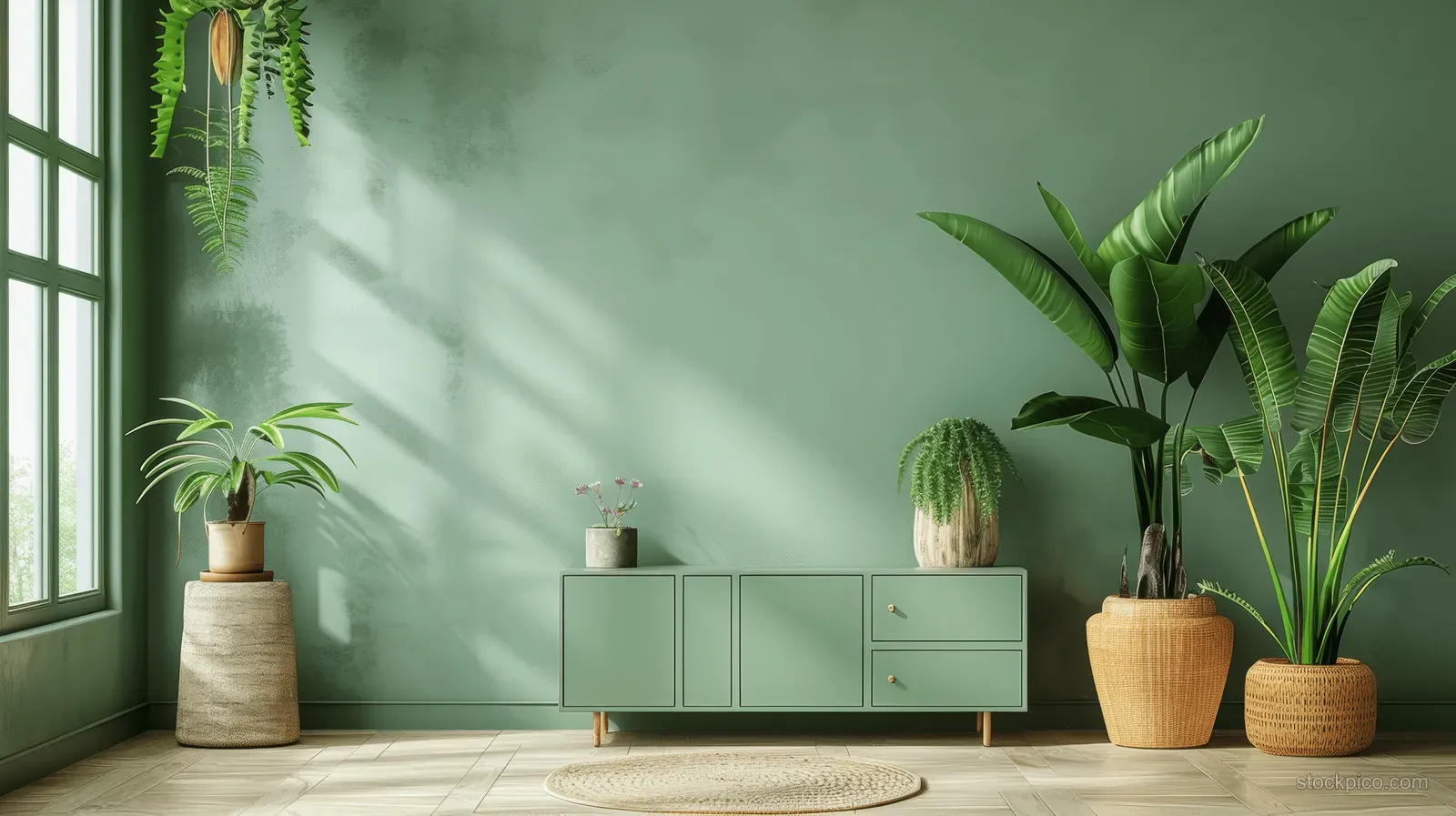Green wall interior with a low cabinet and multiple potted plants in warm light.
