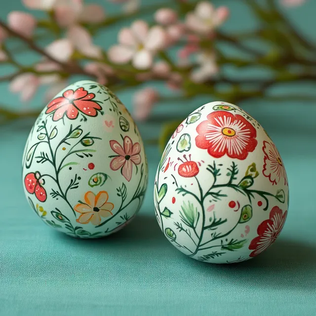 Two floral painted eggs resting on teal fabric with blurred blossoms with Nature Inspired Design